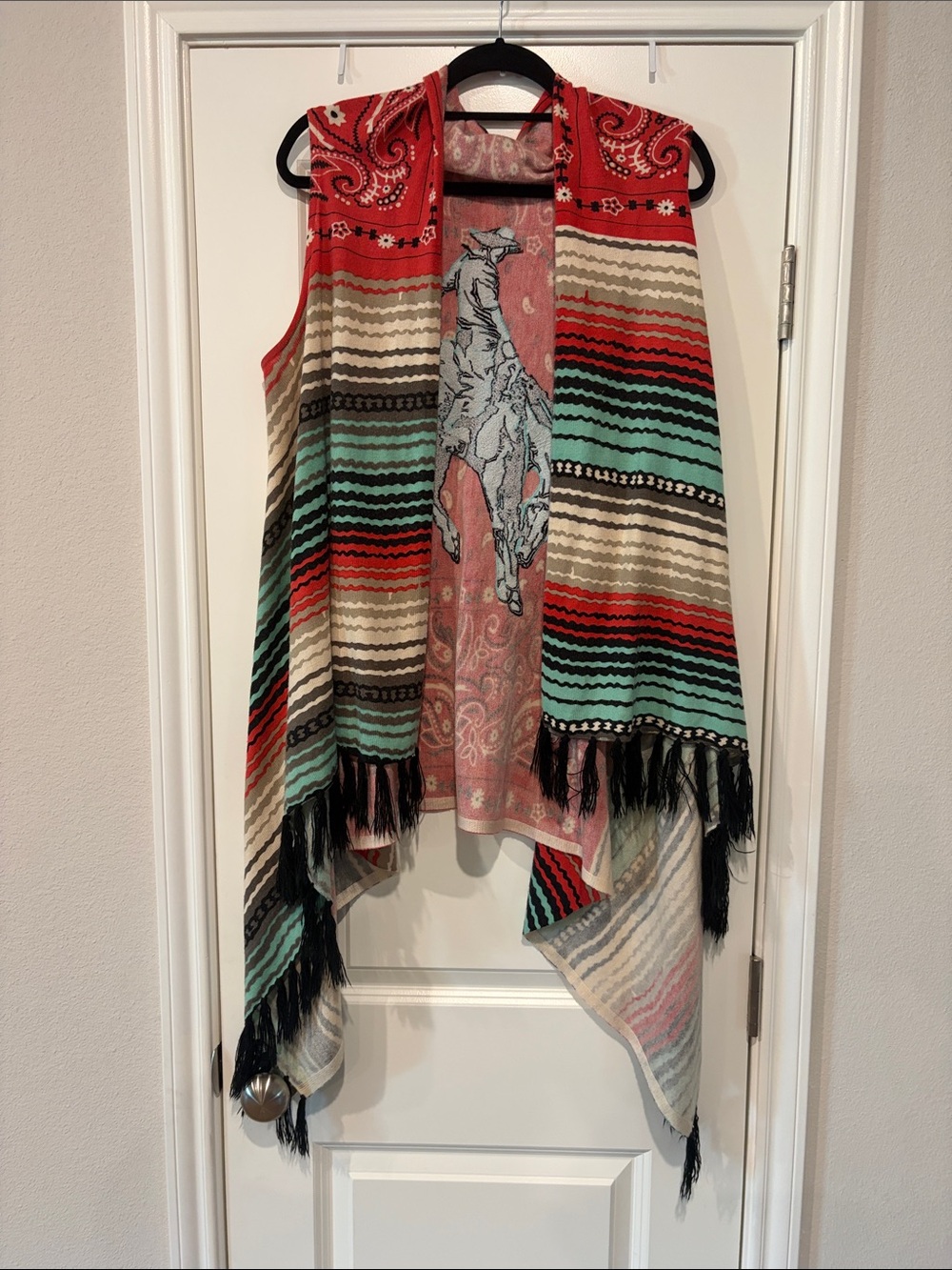 Crazy Train Red, Teal & Cream Striped Fringe Vest with Horse Graphic